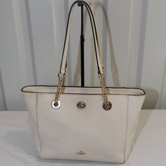 Coach Turnlock Chain Tote 27 White Leather Black Interior Gold Hardware 57107 - Picture 1 of 13